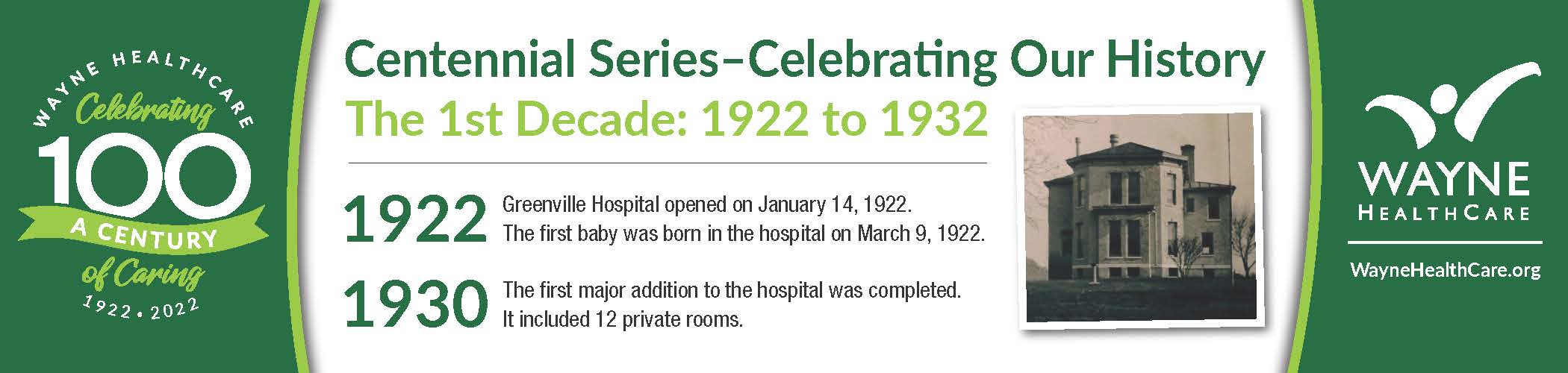 1st Decade Centennial  information about Wayne HealthCare picture of first hospital